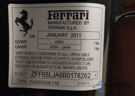 2011 Ferrari California z USA, uszkodzony, nr VIN ZFF65LJA6B0178262